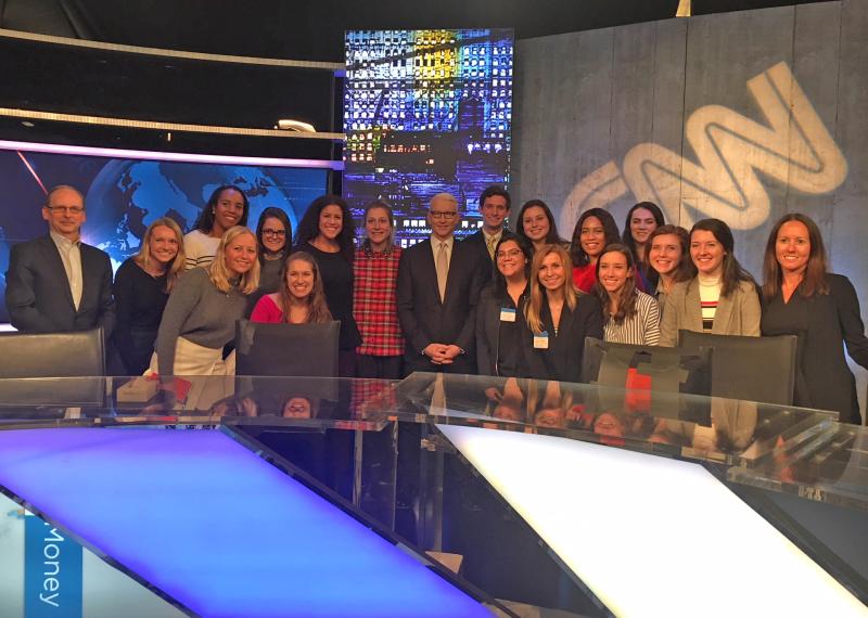 UVA media studies students visit Anderson Cooper [center] on the set of CNN's Anderson Cooper 360° on January 8. Alumnus Ed Swindler, former president of NBCUniversal Domestic Television Distribution, is at far left.