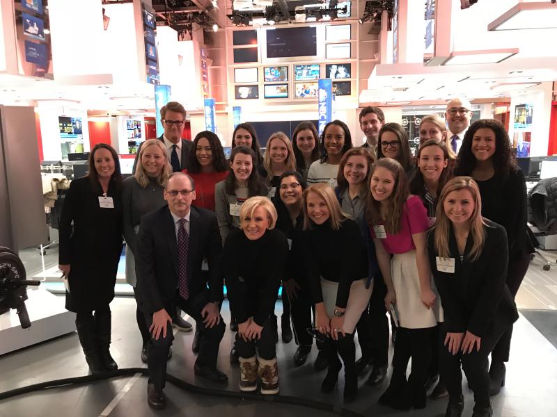 Students pose with Katie Couric (English '79), Mika Brzezinski, and Joe Scarborough at MSNBC. 