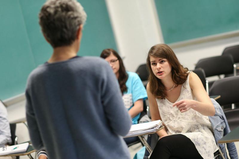 Rafner listens to Professor Despina Louca in her Condensed Matter Physics class.